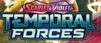 Scarlet and Violet Temporal Forces logo with metallic blue text and game artwork background