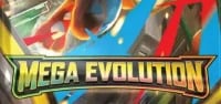 Mega Evolution logo with colorful Pokemon characters on a vibrant blue and red background