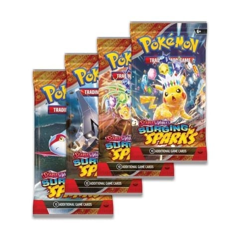 Four Pokémon Surging Sparks trading card game booster boxes displayed in ascending height order