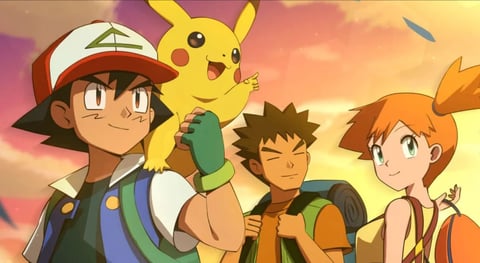 Anime characters Ash, Pikachu, Brock, and Misty stand together against a golden sunset sky in this Pokemon series promotional image