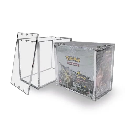 Clear acrylic display case for Pokemon trading card booster box with removable front panel