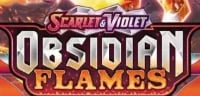 Scarlet Violet Obsidian Flames Pokemon TCG booster box logo with fiery orange and red background