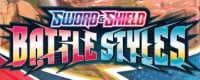 Pokemon Sword and Shield Battle Styles logo with metallic text on fiery orange background