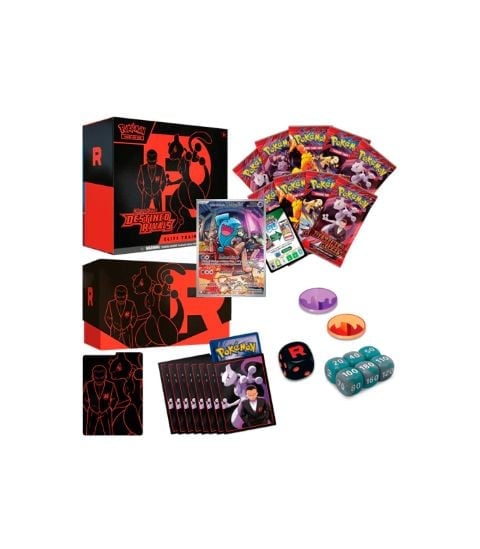 Pokemon Scarlet and Violet box set collection with cards, dice, booster packs, and accessories displayed