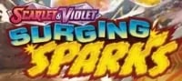 Scarlet and Violet Surging Sparks Pokemon TCG booster box cover art with yellow lightning effects