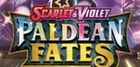 Scarlet and Violet Paldean Fates Pokemon trading card game logo with purple and gold styling