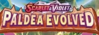 Scarlet Violet Paldea Evolved logo featuring red text on a gold banner with teal background