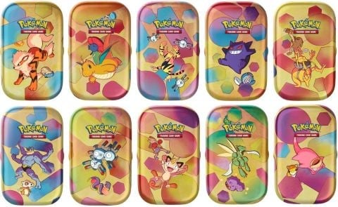 Collection of ten colorful Pokemon trading card game storage tins featuring various Pokemon characters on pastel gradient backgrounds