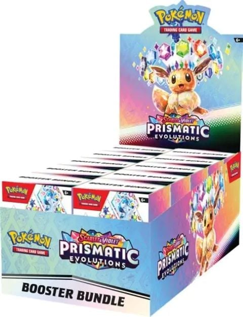 Pokemon Scarlet and Violet Prismatic Evolutions Booster Bundle display box with colorful gradient background and Eevee illustration