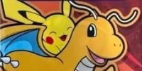Pikachu and Ampharos illustration on pink background, Pokemon characters with yellow bodies and red accents