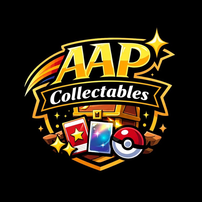 AAP Collectables logo featuring gold text with a shooting star, banner design, and trading cards including a Pokeball icon