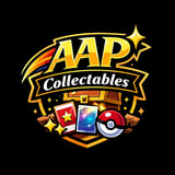 AAP Collectables logo featuring gold text with a shooting star, banner design, and trading cards including a Pokeball icon