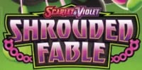 Scarlet Violet Shrouded Fable Pokemon card game logo with purple banner and green background
