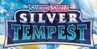 Pokemon Sword and Shield Silver Tempest logo with blue background and metallic silver text styling
