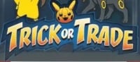 Trick or Trade logo with yellow text, Pikachu face, and Halloween-themed stars on dark background