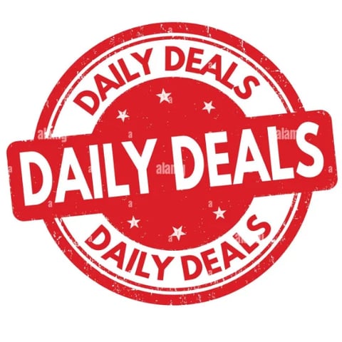 Red circular stamp with white text reading Daily Deals and decorative stars