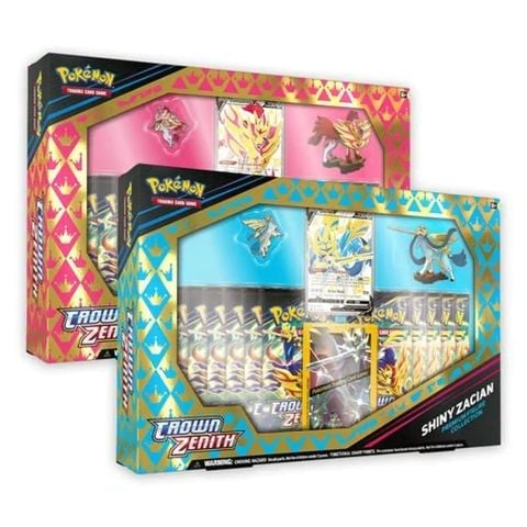 Two Pokemon Trading Card Game collection boxes featuring pink and blue designs with Zenith cards, including booster packs and promotional cards